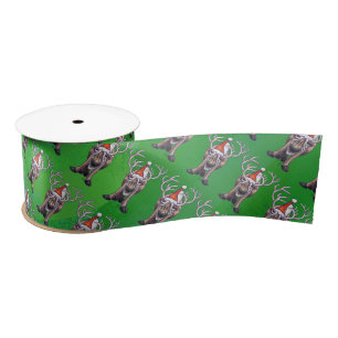 Reindeer Christmas On Green Satin Ribbon