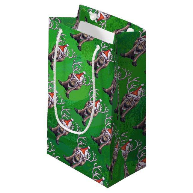 Reindeer Christmas On Green Small Gift Bag (Front Angled)