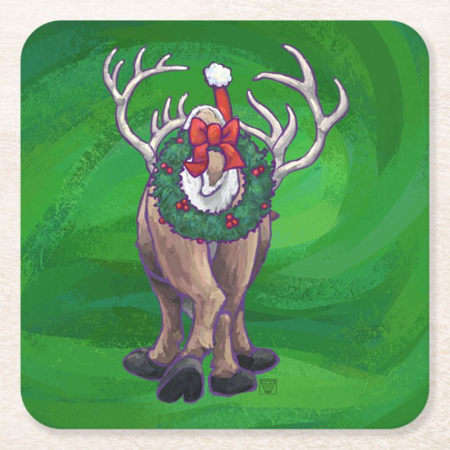 Reindeer Christmas On Green Square Paper Coaster (Front)