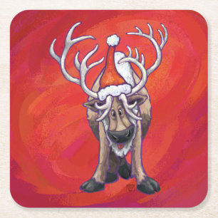 Reindeer Christmas On Green Square Paper Coaster