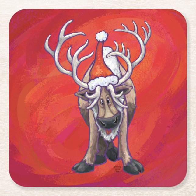 Reindeer Christmas On Green Square Paper Coaster (Front)