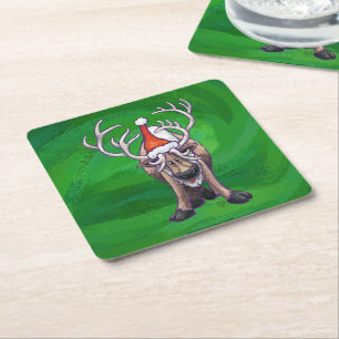 Reindeer Christmas On Green Square Paper Coaster