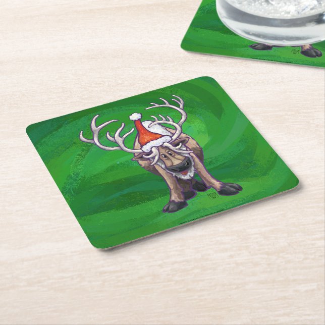 Reindeer Christmas On Green Square Paper Coaster (Angled)