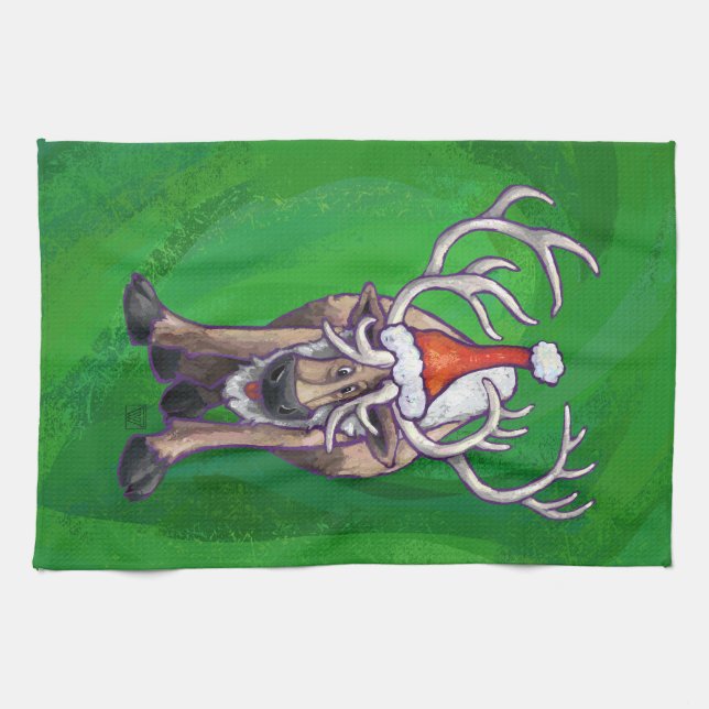 Reindeer Christmas On Green Tea Towel (Horizontal)