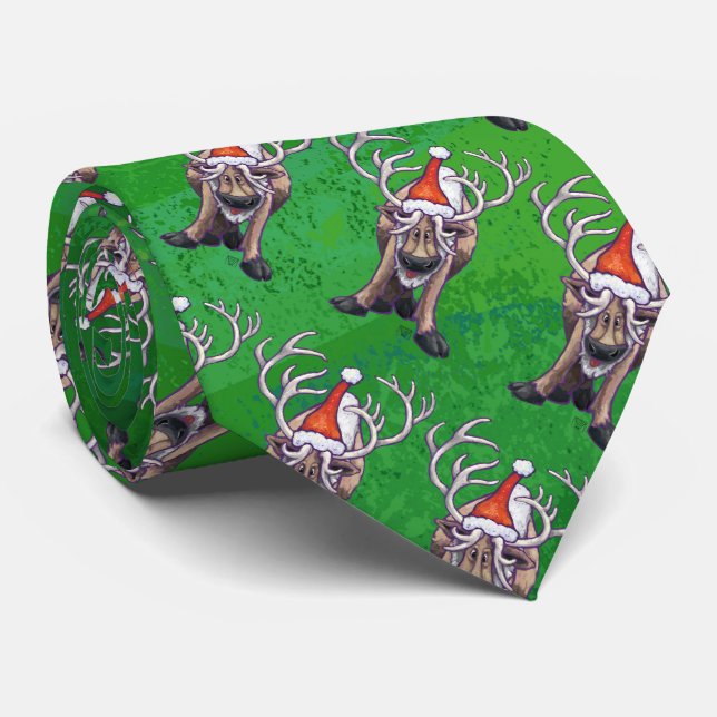 Reindeer Christmas On Green Tie (Rolled)