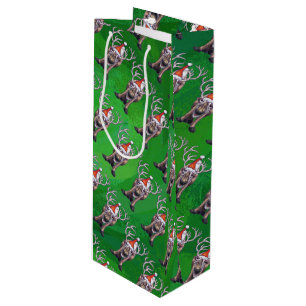 Reindeer Christmas On Green Wine Gift Bag
