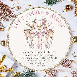 Reindeer Christmas Party Pink Bow Gold Sparkle Invitation