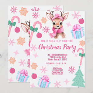 Reindeer Christmas Party Pink Invitation