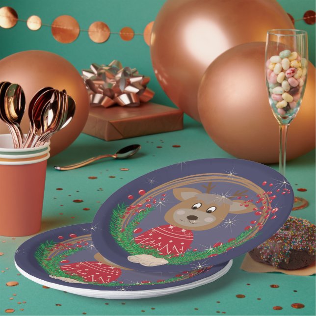 Reindeer Christmas Portrait Paper Plates (Multi)