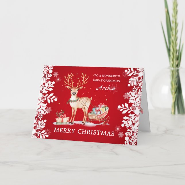 Reindeer Christmas Presents Great Grandson Holiday Card (Front)