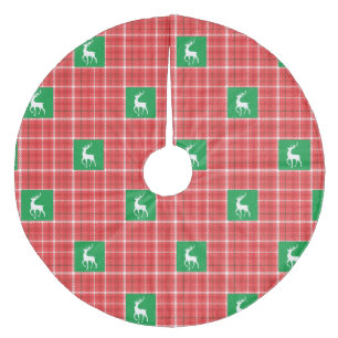 Reindeer Christmas Red Green White Twill Plaid Fleece Tree Skirt