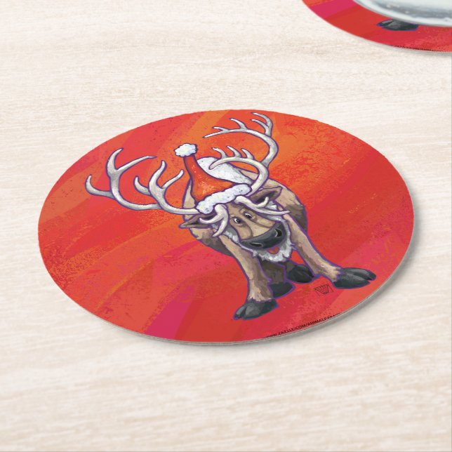 Reindeer Christmas Round Paper Coaster (Angled)