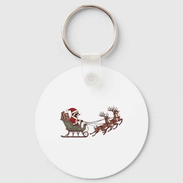 Reindeer Christmas Santa Hat Racoon Xmas Pyjamas  Key Ring (Front)