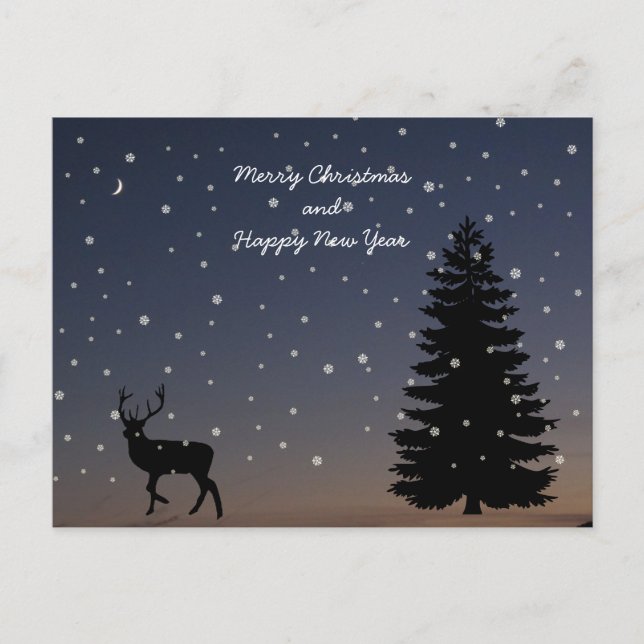 Reindeer, Christmas tree - dark blue winter night Holiday Postcard (Front)