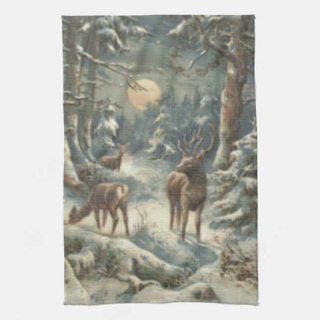 Reindeer Christmas Tree Evergreen Forest Snow Tea Towel (Vertical)