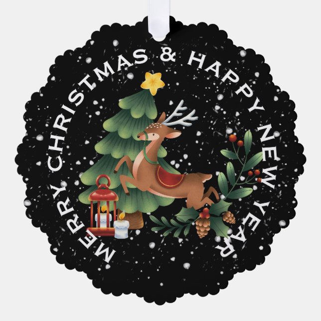 Reindeer & Christmas Tree , PERSONALIZED CHRISTMAS Tree Decoration Card (Front)