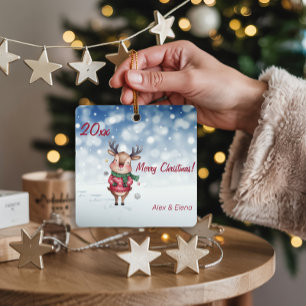 Reindeer Christmas tree snow Metal Square Ornament