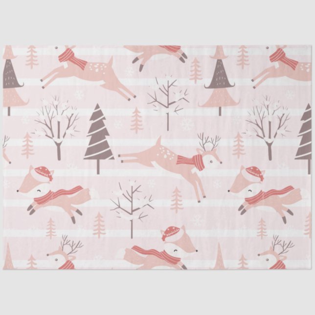 Reindeer Christmas Trees Modern Pink Christmas Tissue Paper (Front)