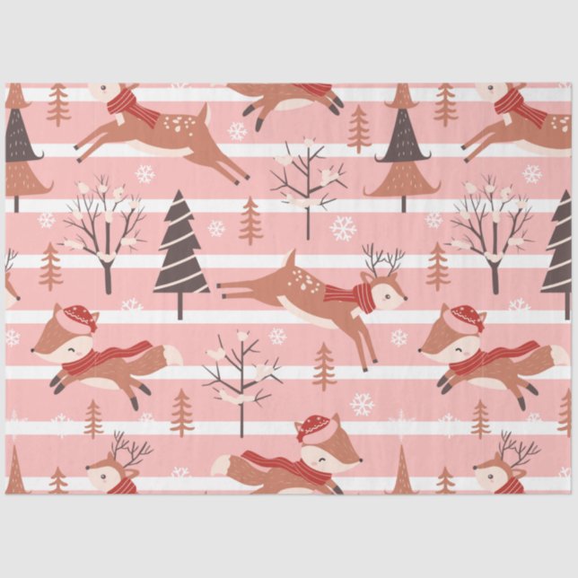 Reindeer Christmas Trees Modern Pink Christmas Tissue Paper (Front)