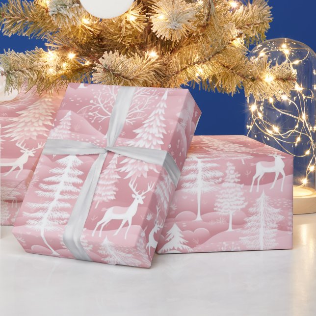 Reindeer Christmas Trees Pink and White Christmas Wrapping Paper (Holidays)