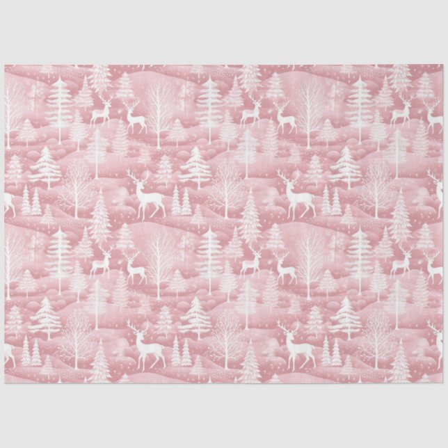 Reindeer Christmas Trees Pink Pattern Christmas Tissue Paper (Front)