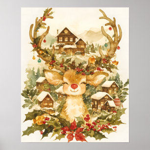 Reindeer Christmas Vintage Watercolor painting Poster
