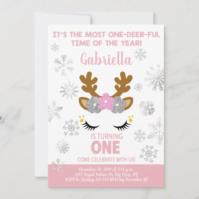 Reindeer Christmas Winte girl 1st birthday invite. Invitation (Front)