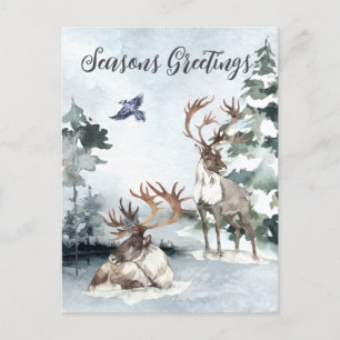 Reindeer Christmas Winter landscape Watercolor Postcard