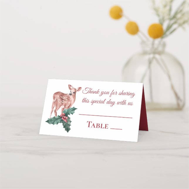 Reindeer Christmas Winter Red Wedding Deer Floral Place Card (Front)