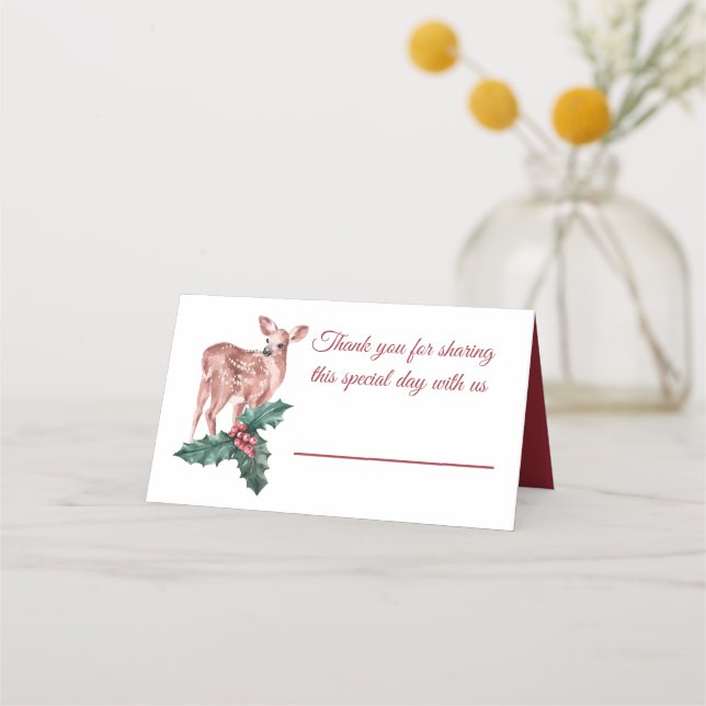 Reindeer Christmas Winter Red Wedding Deer Floral Place Card (Front)
