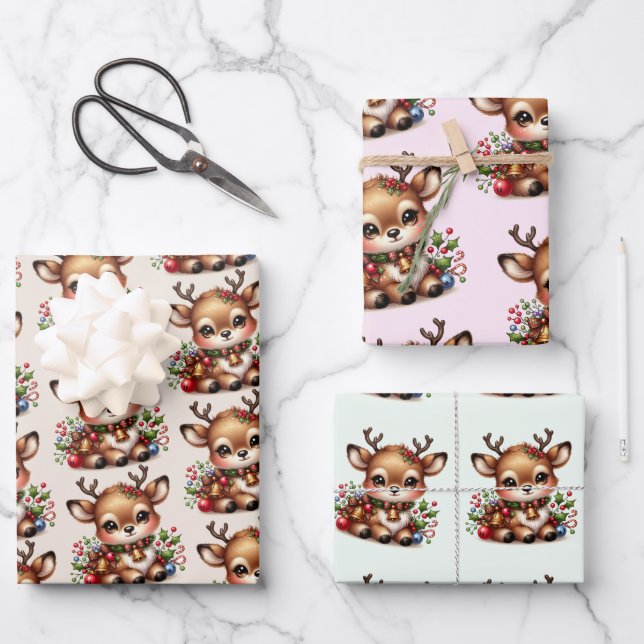 Reindeer Christmas Wrapping Paper Flat Sheet-3sets (Front)