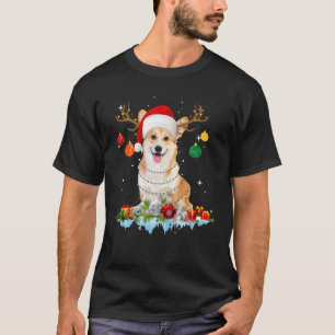 Reindeer Corgi Dog With Santa Hat Christmas Light T-Shirt