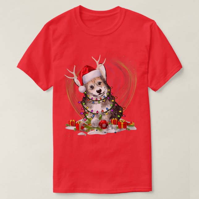 Reindeer Corgi Dog With Santa Hat Christmas Light  T-Shirt (Design Front)