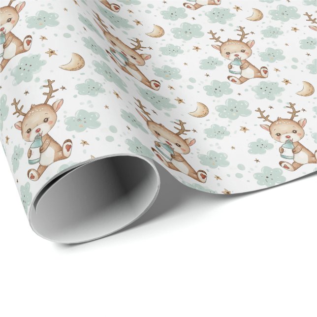 Reindeer Cute Baby Pastel Watercolor Pattern  Wrapping Paper (Roll Corner)