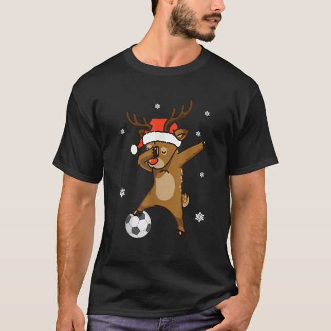 Reindeer Dabbing Playing Soccer Around Snow Xmas  T-Shirt (Front)