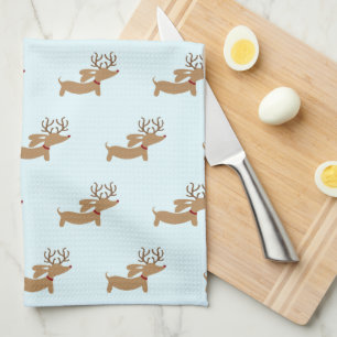 Reindeer Dachshund Christmas Green Dish Towel