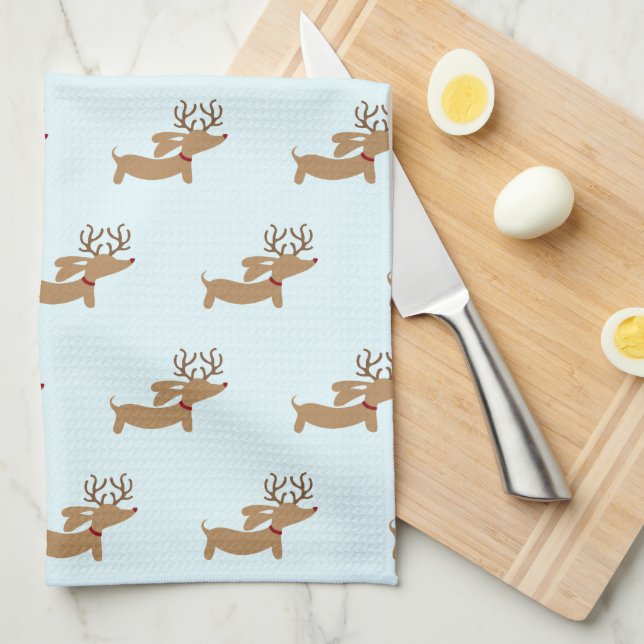 Reindeer Dachshund Christmas Green Dish Towel (Quarter Fold)