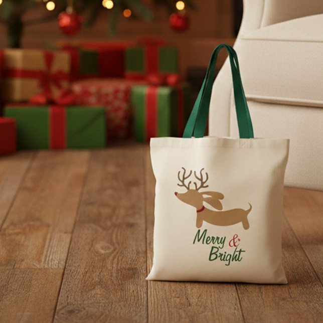 Reindeer Dachshund Merry & Bright Christmas Tote Bag (Merry & Bright Dachshund Christmas tote bag for gifting)