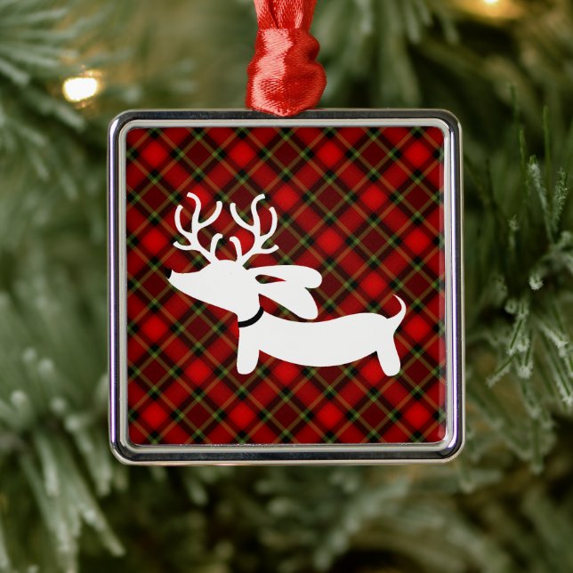 Reindeer Dachshund on red plaid Metal Tree Decoration (Tree)