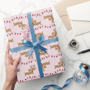 Reindeer Dachshund Red and Pink Weendeer Gift Wrap