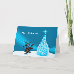 Reindeer Dancing Guitar Merry Christmas Tree Blue Holiday Card