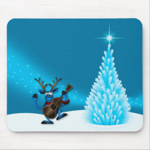 Reindeer Dancing Guitar Merry Christmas Tree Blue Mouse Mat