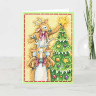 Reindeer Decorate Christmas Tree Retro Card