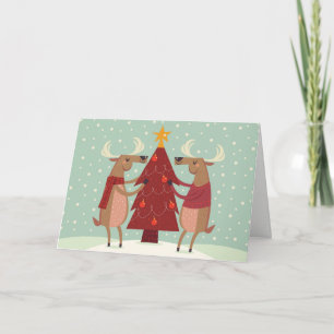Reindeer Decorating Christmas Tree Holiday Card