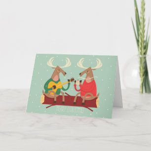 Reindeer Decorating Christmas Tree Holiday Card