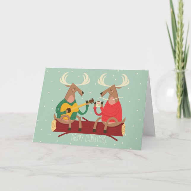 Reindeer Decorating Christmas Tree Holiday Card (Front)