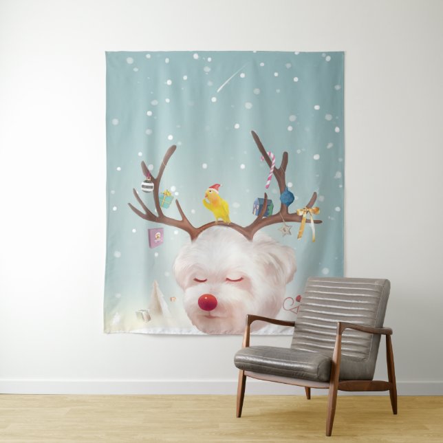 Reindeer Dog with Christmas Ornaments Tapestry (In Situ)
