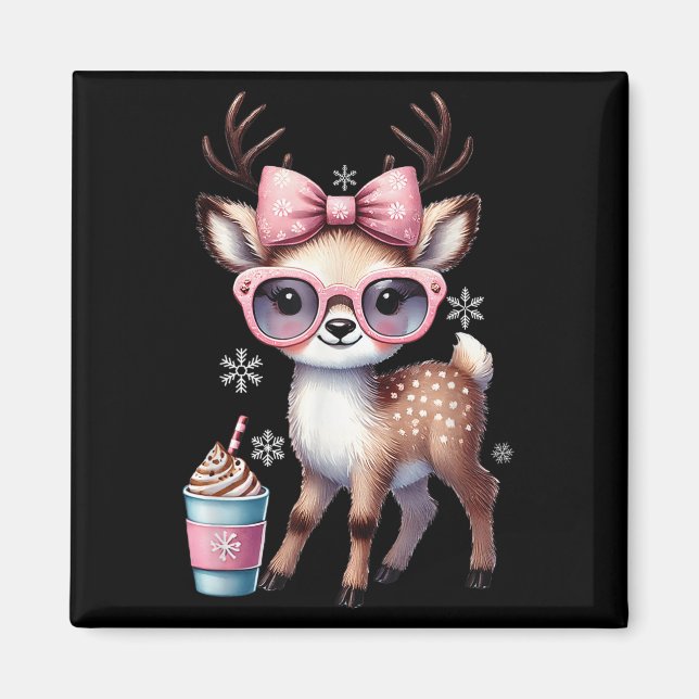 Reindeer Drinking Hot Chocolate Bougie Women Girls Magnet (Front)