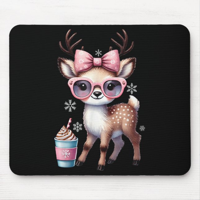Reindeer Drinking Hot Chocolate Bougie Women Girls Mouse Mat (Front)