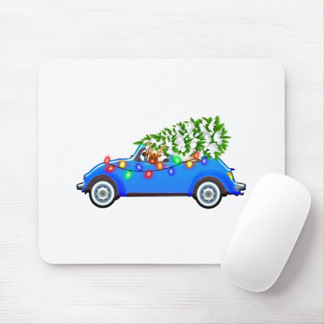 Reindeer driving a beetle with christmas treeb mouse mat (With Mouse)